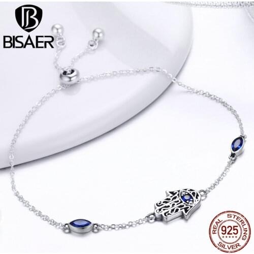 BISAER 925 Sterling Silver Hamsa Hand Fatima Hand Chain Link Bracelets Pulseira Lucky Female Women Bracelets Fine Jewelry ECB076