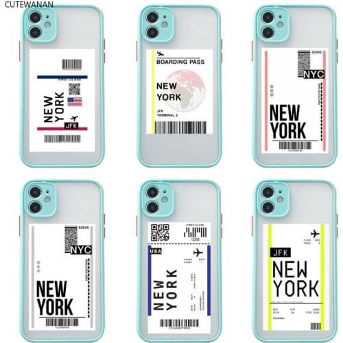 NEW YORK Travel Flight Tickets Phone Case For iphone 12 11 Pro Max Mini XS 8 7 Plus X SE 2020 Matte Transparent Light blue Cover