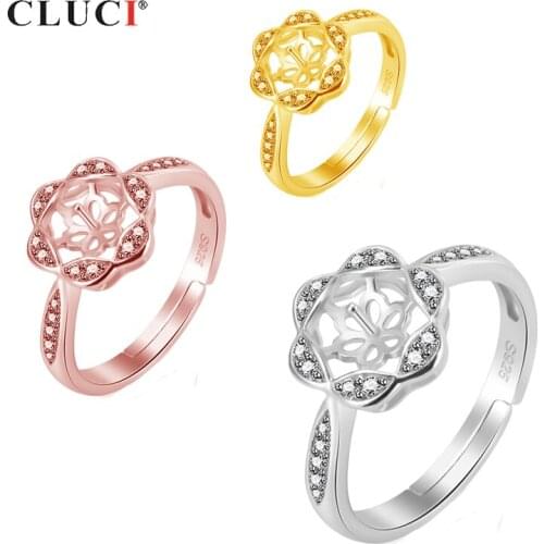 CLUCI Real 925 Sterling Silver Flower Ring Women Adjustable Rose Gold Zircon Pearl Ring Mounting Gift Jewelry SR2077SB