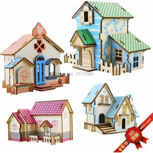 DHL 100set DIY 3D Mode Romantic House Wood Puzzles Education Toy Model Building Wooden 3D Puzzle for Kids and Adults