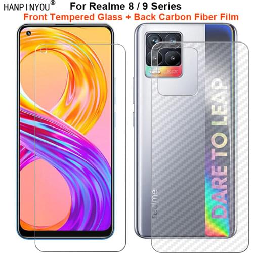 For Realme 8 4G / 5G / Pro 1 Set = Soft Back Carbon Fiber Film + Premium Tempered Glass Front Screen Protector