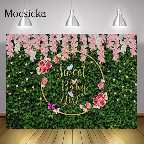 Newborn Sweet Baby Girl Party Backdrop Decoration Pink Flowers Green Grass Children Happy Birthday Background Butterfly Rose