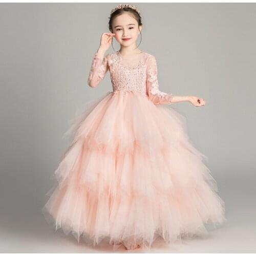 Glizt Girl Wedding Party Flower Girl Dresses Pink Tulle Trailing Princess Gown Beaded Floral Girl Pageant First Communion Gown