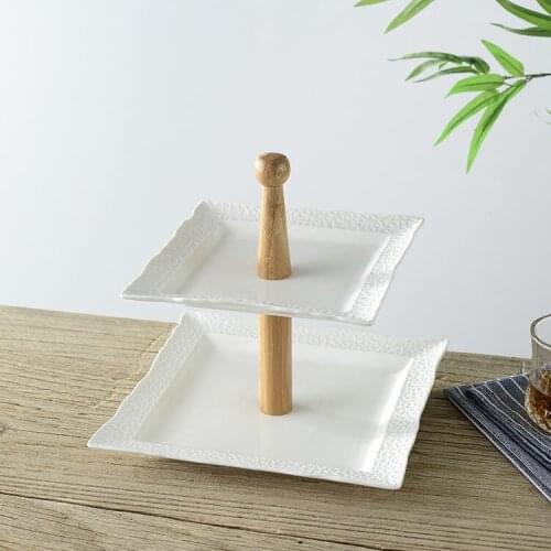 Ceramic Relief Two Layers Cake Stand Decorative Square Porcelain Dinner Plate Bamboo Dinnerware for Party and Afternoon Tea