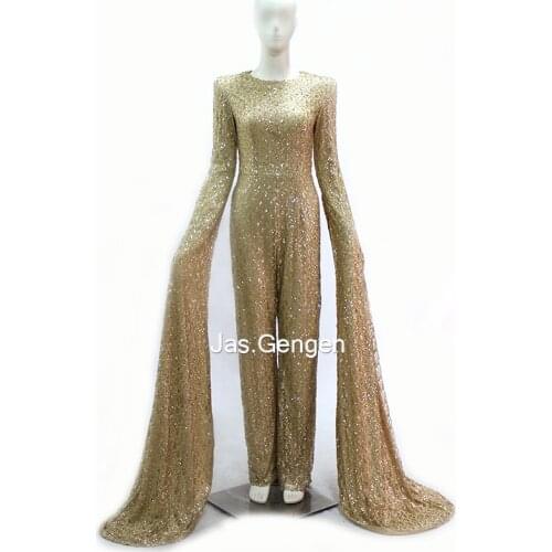 Long Sleeves Jumpsuit vestidos formales Prom Dresses 2020 O Neck Hand Made Beadings Glittering Fabric Arabic Style New