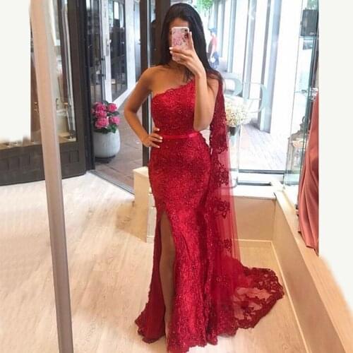 Fashionable One Shoulder Mermaid Evening Dress Satin Latest Design Formal Gown Side Slit Handmade Appliques Elegant Top Sale
