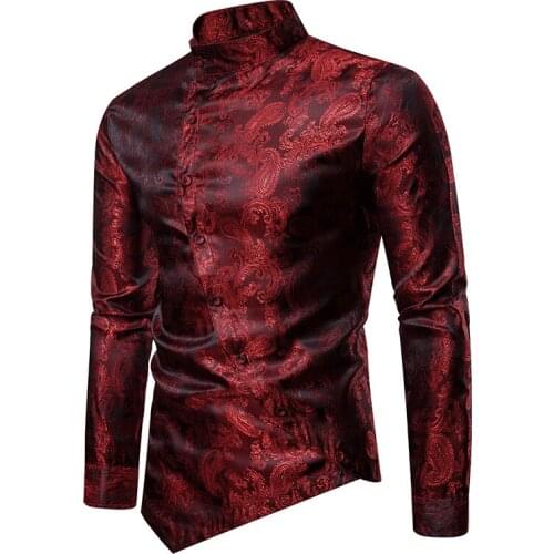 Mens Wine Red Jacquard Tuxedo Shirt Men Stylish Irregular Hem Mandarin Collar Mens Dress Shirts Wedding Chemise Homme