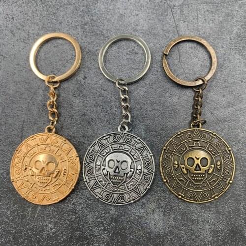 Pirates of The Caribbean Necklace Keychain Jack Sparrow Captain Aztec Coin Johnny Depp Men Gold Bronze Pendant Jewelry Wholesale