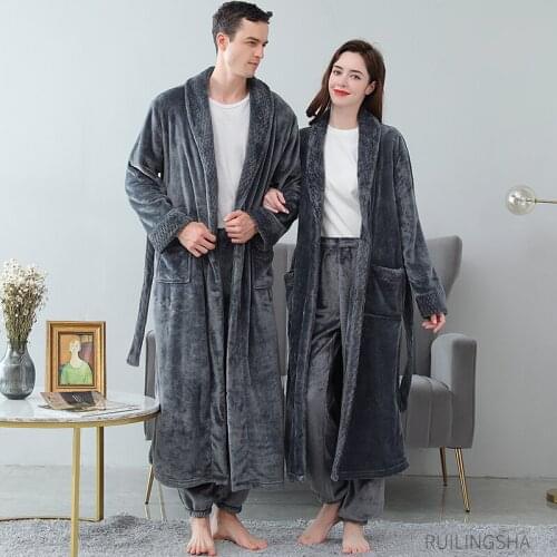 Men Winter Extra Long Flannel Robe Sets Plus Size Coral Fleece Sleeping Tops Women Thicken Warm Long Sleeve Robe Sets Pyjama