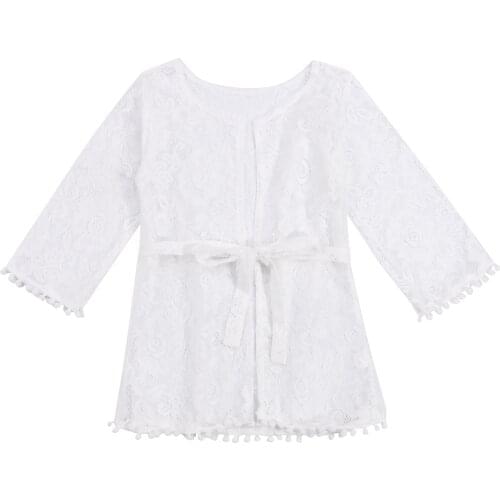 6 Months-5 Years Summer Kids Coat Lace Floral Round Neck Long Sleeve Smock With Waist Belt For Girls White Soft And Comfortable