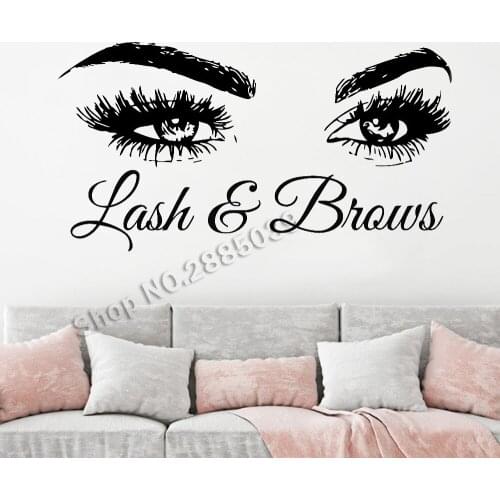 Lash & Brows Large Eyes Quote Wall Decals Fashion Creative Vinyl Eyelashes Beauty Salon Wall Stickers Eyebrows Store Decor LC722