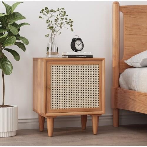 Modern Simple Rattan Solid Wood Bedside Table Nordic Style Large Capacity Bedroom Pine Locker Sofa Side Cabinet Storage Cabinet