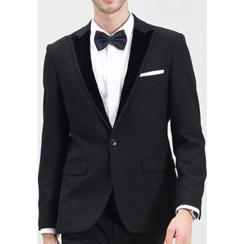 High Quality One Button Black Groom Tuxedos Peak Lapel Groomsmen Mens Suits Blazers (Jacket+Pants+Tie) W:720