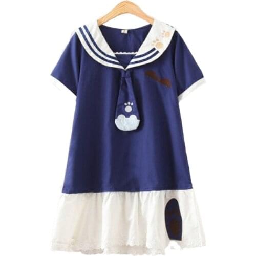 XUANHAO Cotton Dress Mori Girl Summer Japan Style Cute Embroidery Patchwork Sailor Collar White Dark Blue Dresses Vestidos