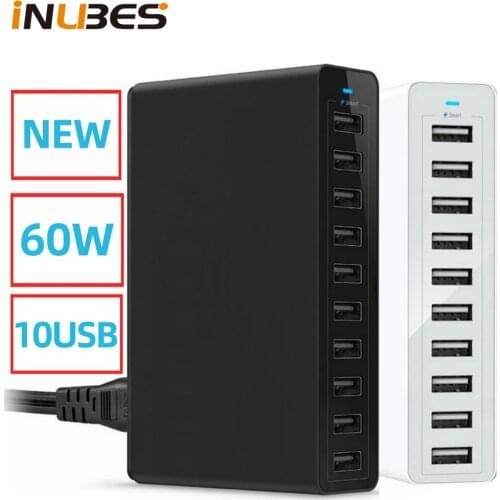 60W Fast 10 Ports USB Charger for iPhone iPad Kindle Samsung Xiaomi Charging Station Dock Multi USB Charger Desktop with Cable