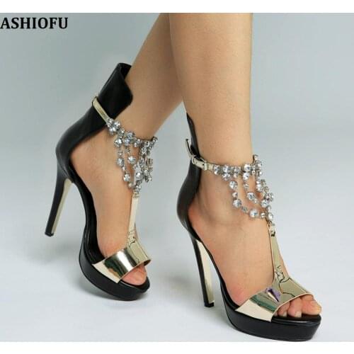 ASHIOFU Handmade 2020 New Womens High Heel Sandals Jewelry Crystals Party Prom Shoes Sexy Platform Fashion Sandals Shoes