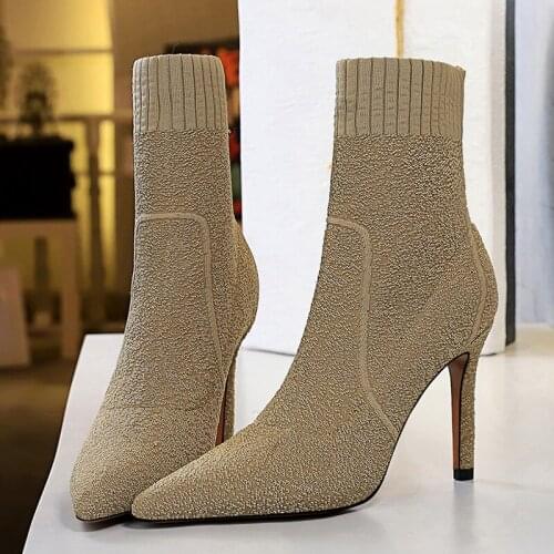 2021 Fashion Women knitting Sock Boots Nude Black 9.5cm High Heels Stiletto Boots Winter Designer Stretch Fabric Boots Big Size