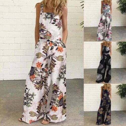 Summer Laides Sleeve Pocket Printed Jumpsuits Wide Leg Pants Overalls Patchwork Women Loose Casual Jumpsuits