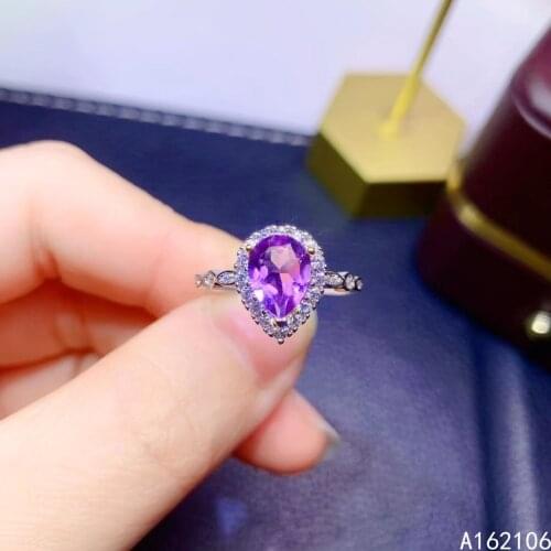 925 Pure Silver Chinese Style Natural Amethyst Womens Luxury Fashion Water Drop Adjustable Gem Ring Fine Jewelry Support Detect