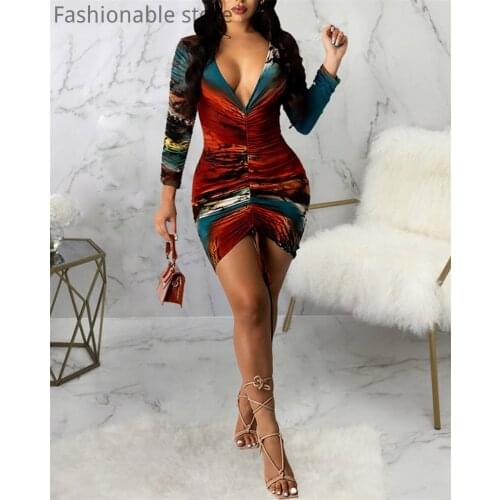 Women Print Mini Dress Deep V-Neck Ruched Long Sleeve Bodycon Dress