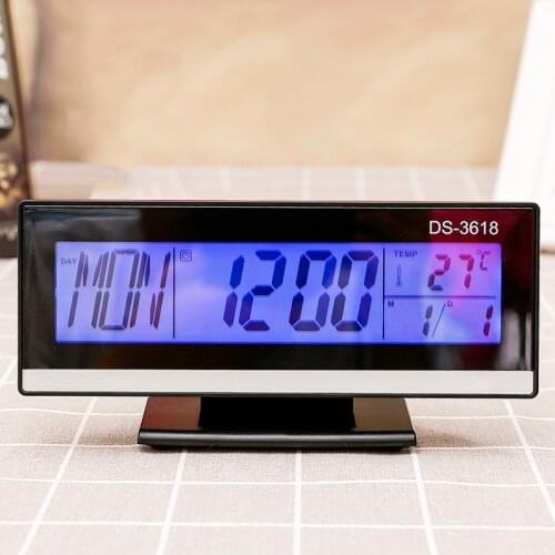 12/24Hours Blue Blacklight Alarm clock, Voice control Big Number Temperature Humidity Table Clock, Black/White Desktop Watch