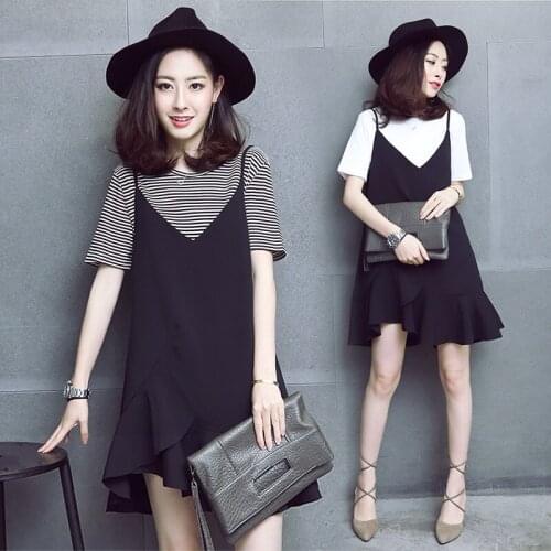 2020 Korean version of the maternity Clothes 2 pics/set of fashion T-shirt +Skirts Solid Strap Black Plus size pregnant women