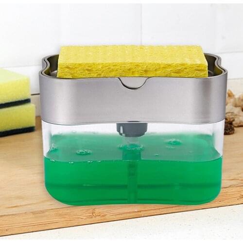 2 in 1 Scrubbing Liquid Detergent Dispenser Press-type Liquid Soap Box Pump Organizer with Sponge Kitchen Tool Bathroom Supplies