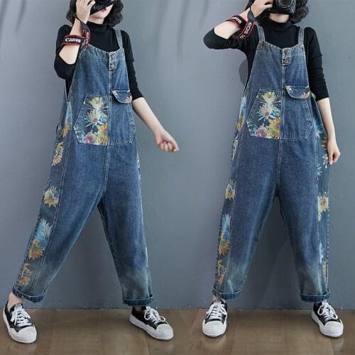2021 Fashion Streetwear New Look Thin Korean Denim Printing Overalls Women Loose Strap Jeans Casual Nine-poin Jumpsuit Bib Pants
