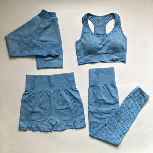 4PCS Sexy Yoga Set Sports Wear For Women Gym Clothing Sports Suit Fitness Long Sleeve Crop Top High Waist Leggings Sports Suits