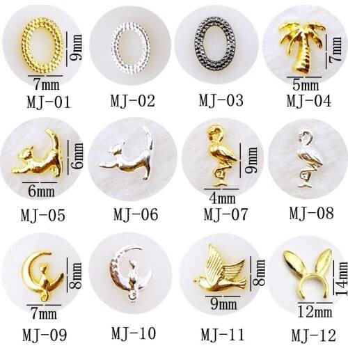 50pcs/pack metal nail art oval coconut tree crane moon cat peace pigeon rabbit 3d jewelry gel nails sticker decoration art tools