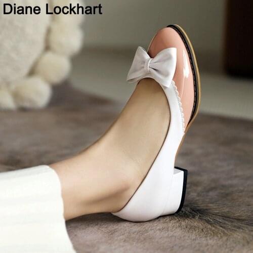 Ballet Low Heels Shoes Woman Basic 2021 Two Color Splicing Round Toe Leather Bow Classic Patent Leather Shoes Women Shoes Pumps
