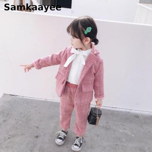 3-9y Kids Girls Blazer Spring Autumn Jacket + Pants 2pcs Children Plaid Tuxedos Suit Pink Casual Jackets Single Breasted Clothes