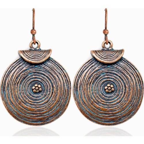 Gypsy Exotic Style Ethnic Boho Retro Tree Log Annual Ring Bronze Earrings Ear Pendant Drop Exquisite Female Trendy Jewelry