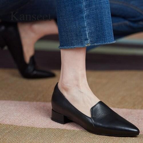 Kanseet New Arrival Women Pumps Spring Autumn Concise Black Genuine Leather High Quality Handmade Pointed Toe Thick Heels Shoes