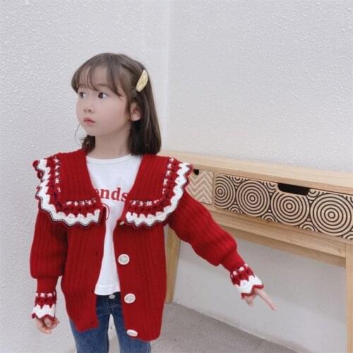 Girls Cardigan Sweater Spring And Autumn New Casual Sweet Knit Sweater Lace Collar Korean Kids Clothing ChildrenS Top Jacket