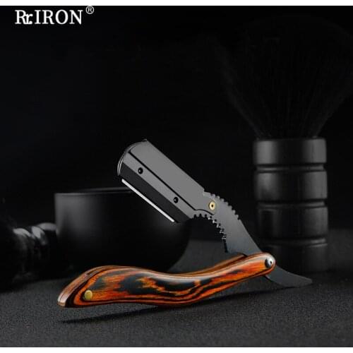 RIRON Classic Retro Manual Folding Shaving Razor With Wood Pattern Handle Haircut Shaving Beard Sweat Hair Armpit Razors For Men