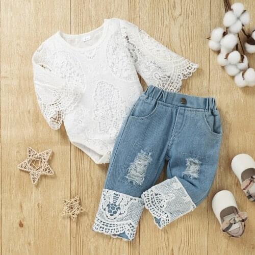 CETEPY Baby Girl Clothes Toddler Outfit Infant White Lace Romper Long Sleeve + Jeans Pants Clothing Set