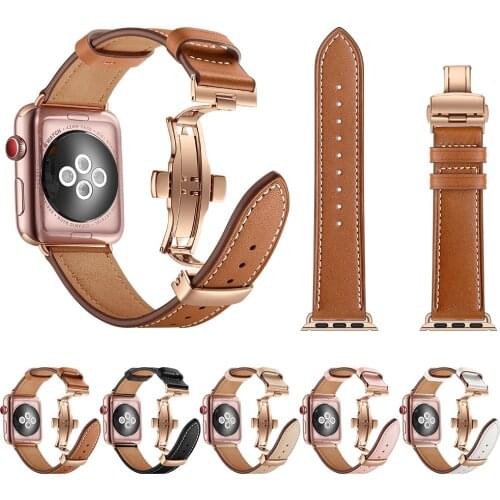 Kebbit Men Women Double Needle Metal Butterfly Buckle Bands For Apple Watch 5 4 3 Genuine Leather Replacement iWatch4 Wrist Band