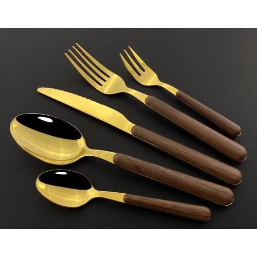 5PCS Dinnerware Set Stainless Wooden Tableware Silverware Glossy Knife Cake Fork Flatware Dishwasher Luxury Magic Cutlery Set