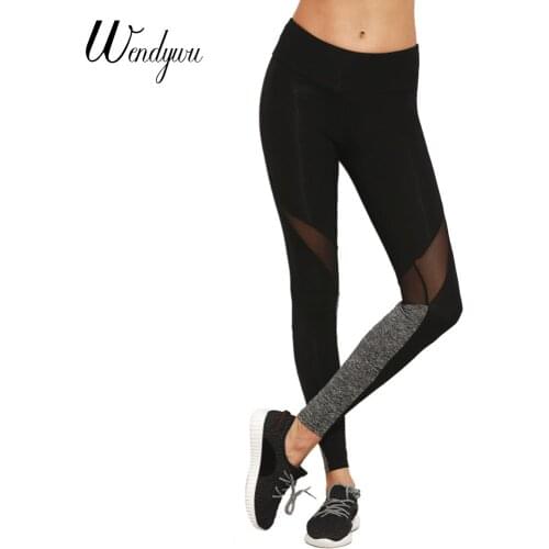 Wendywu New Arrival Casual Mesh Patchwork Stretch Mid Waist Back Gray Black Long Leggings
