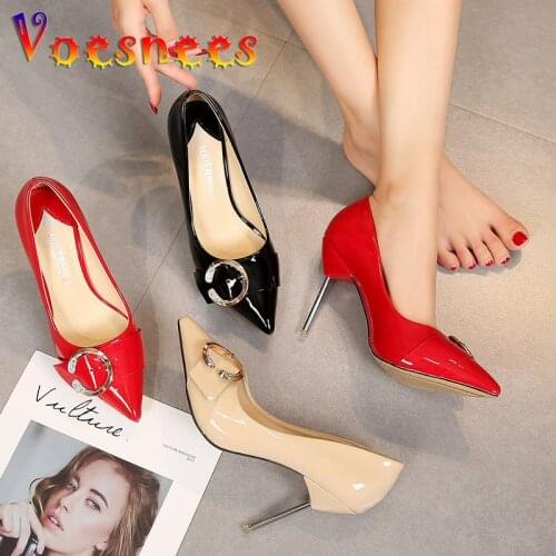 New Classical Elegant Single Women Shoes High Heels 10cm Pumps Shoes Patent Leather Nude Point Toe Thin Heels Lady Wedding Shoes
