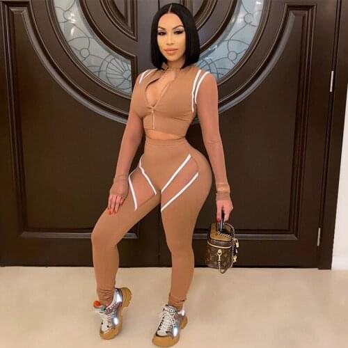 Sheer Mesh Patchwork Skinny Traksuit Women Clothing Autumn Sexy Club Outfits for Women 2 Piece Set Striped Crop Top and Pants