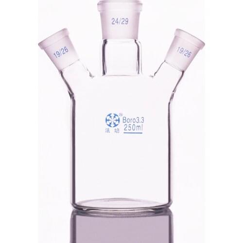 Single-deck cylindrical three-necked flat-bottom flask 250ml,Main 24/29,Side 19/26,Single-deck cylindrical reactor bottle
