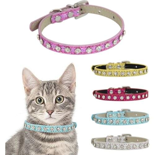 PU Shining Diamond Rhinestone Cat Collar Leather Puppy Dog Collars Cute Fashion Dog Collar Strap Kitten Accessories Pet Products