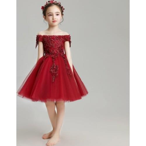 Birthday Girl Dress Wedding Red Elegant Princess Prom Party Flower Girl Dresses Summer Party Vestido Festa Kids Clothes AE50GD