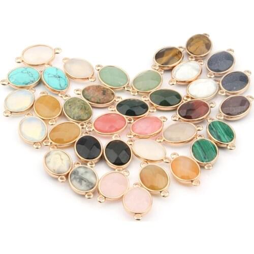 5Pcs Natural Stone Connector Egg Faceted Agates Golden Plated Pendant for Women Jewelry Making Necklace Bracelet Gift 25x14x7mm