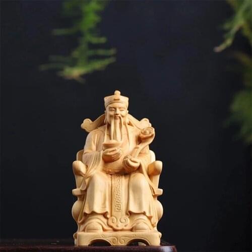 Boxwood 9cm Wealth God Sculpture Wood Lucky Statue Tu Di Gong Home Decor