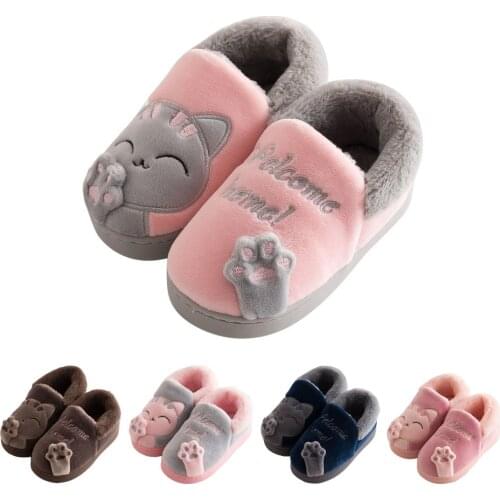 Girls Boys Winter Fur Lined Slippers Toddler Kids Indoor Home Cute Cartoon Cat House Shoes Warm Outdoor Non-Slip Cozy Boots