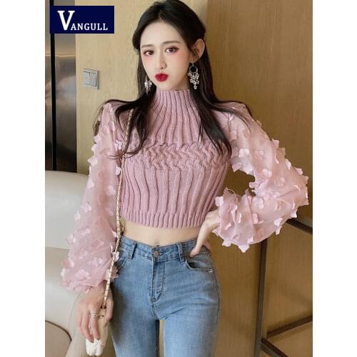 Vangull Knitted Chiffon Patchwork Sweater Women Spring Autumn New O-Neck Slim Short Pullovers Sweet Puff Sleeve Female Sweater