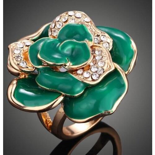 Green Big Flower Rhinestone Setting Alloy Luxurious Exaggerated Statement Ring Women Rings Party Ball Epoxy Jewelry